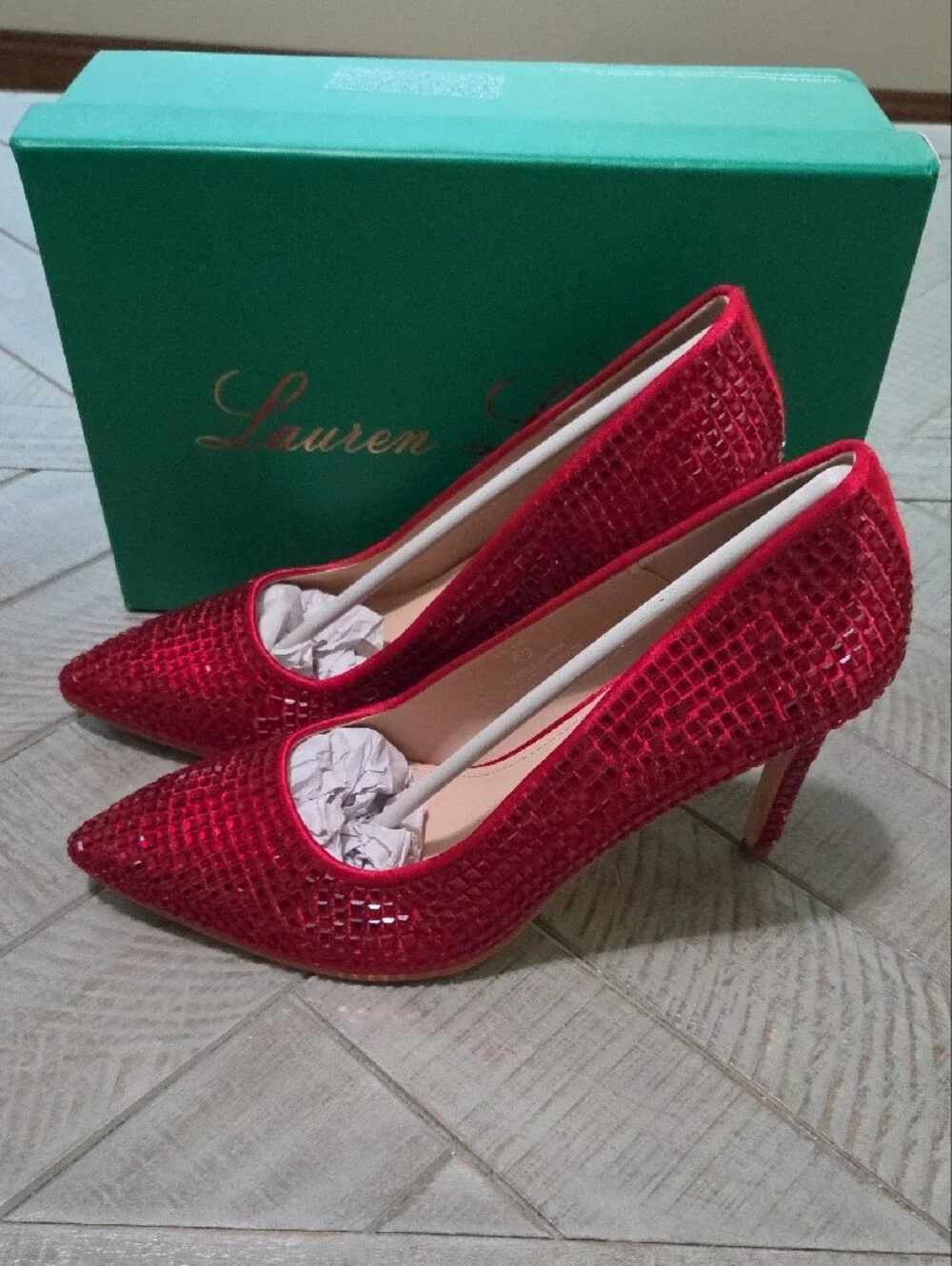 Lauren Lorraine Red Sequin Pointed-Toe Stiletto Heels